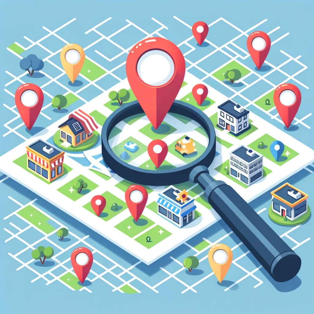 City map highlighting local search geotargeting for small businesses with pins.