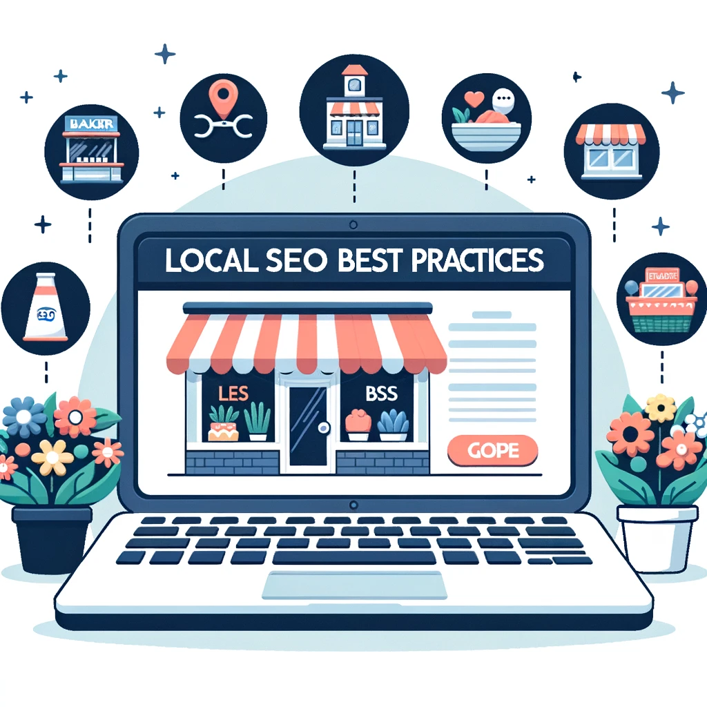 Laptop guide on local seo best practices for small businesses with business icons.