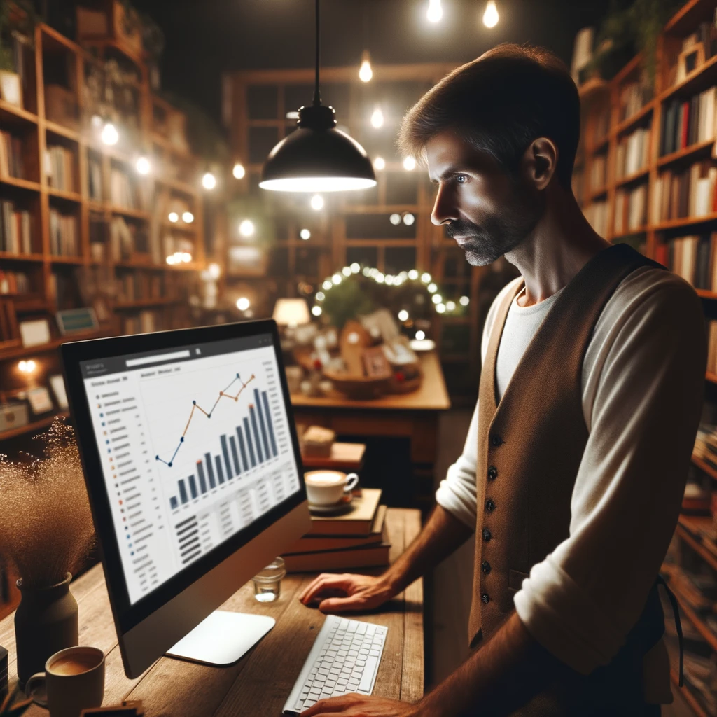 Small business owner researching local search keywords for business growth