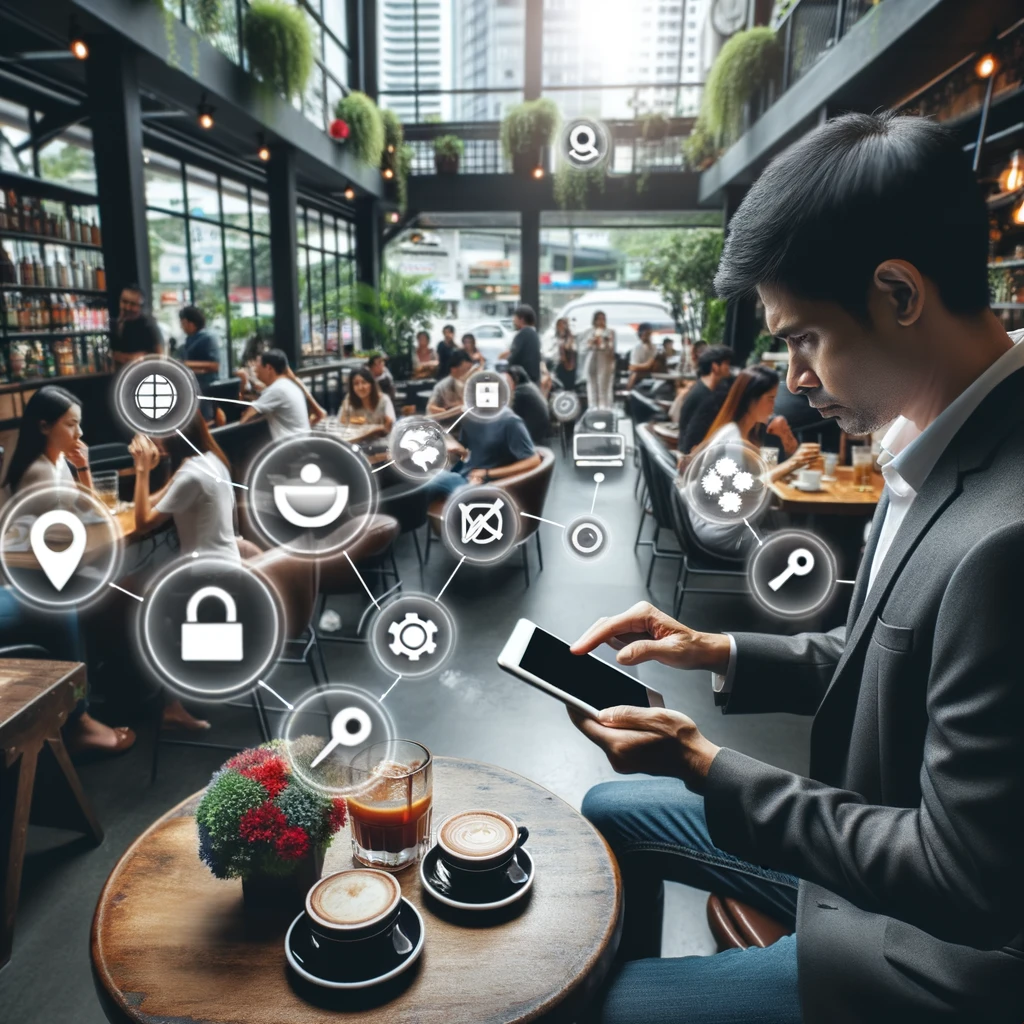 Cafe owner analyzing 'local search engine marketing strategies' on tablet.