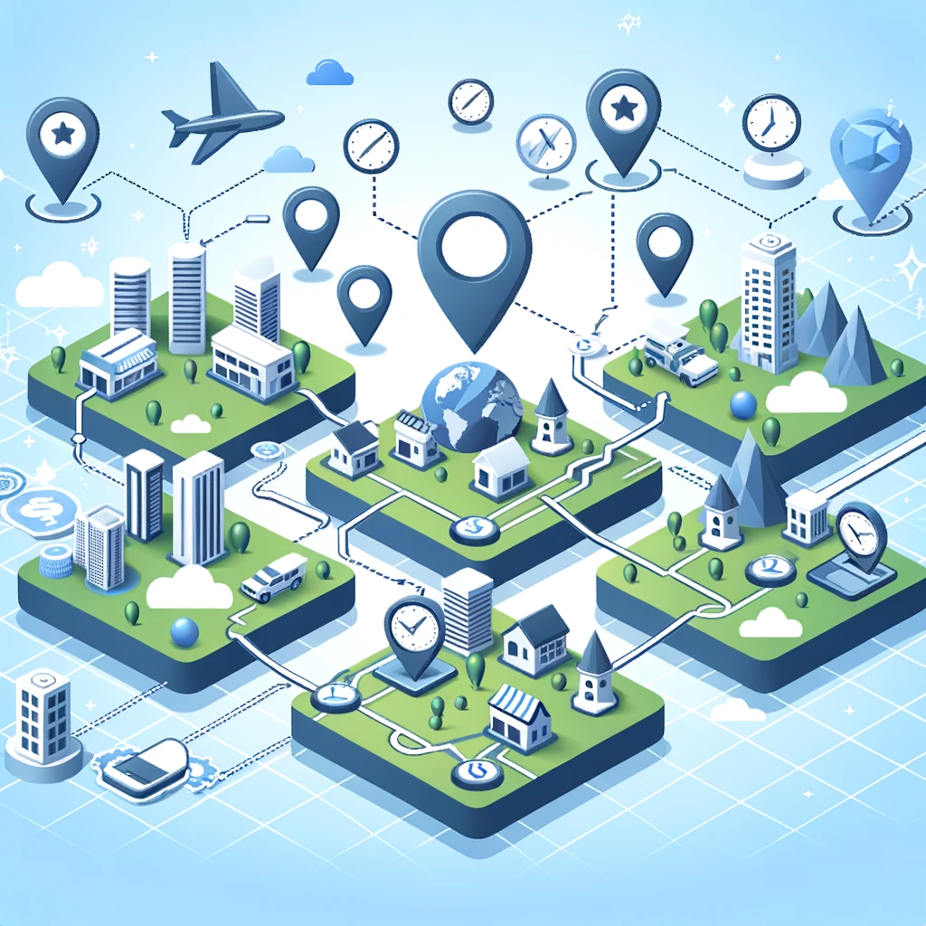 Vector landscape illustrating local search optimization strategies flow.