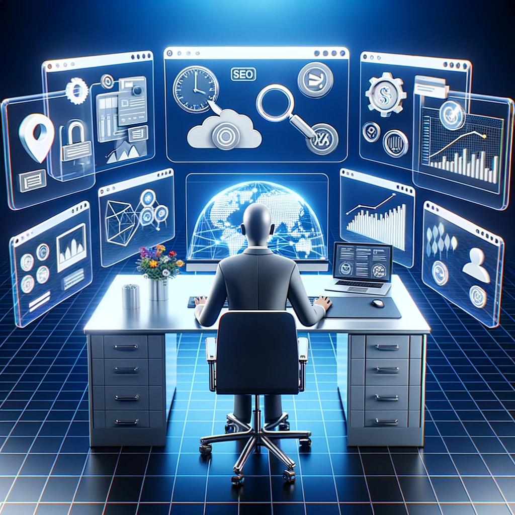 3D workspace visualization of optimizing local business website for search engines.