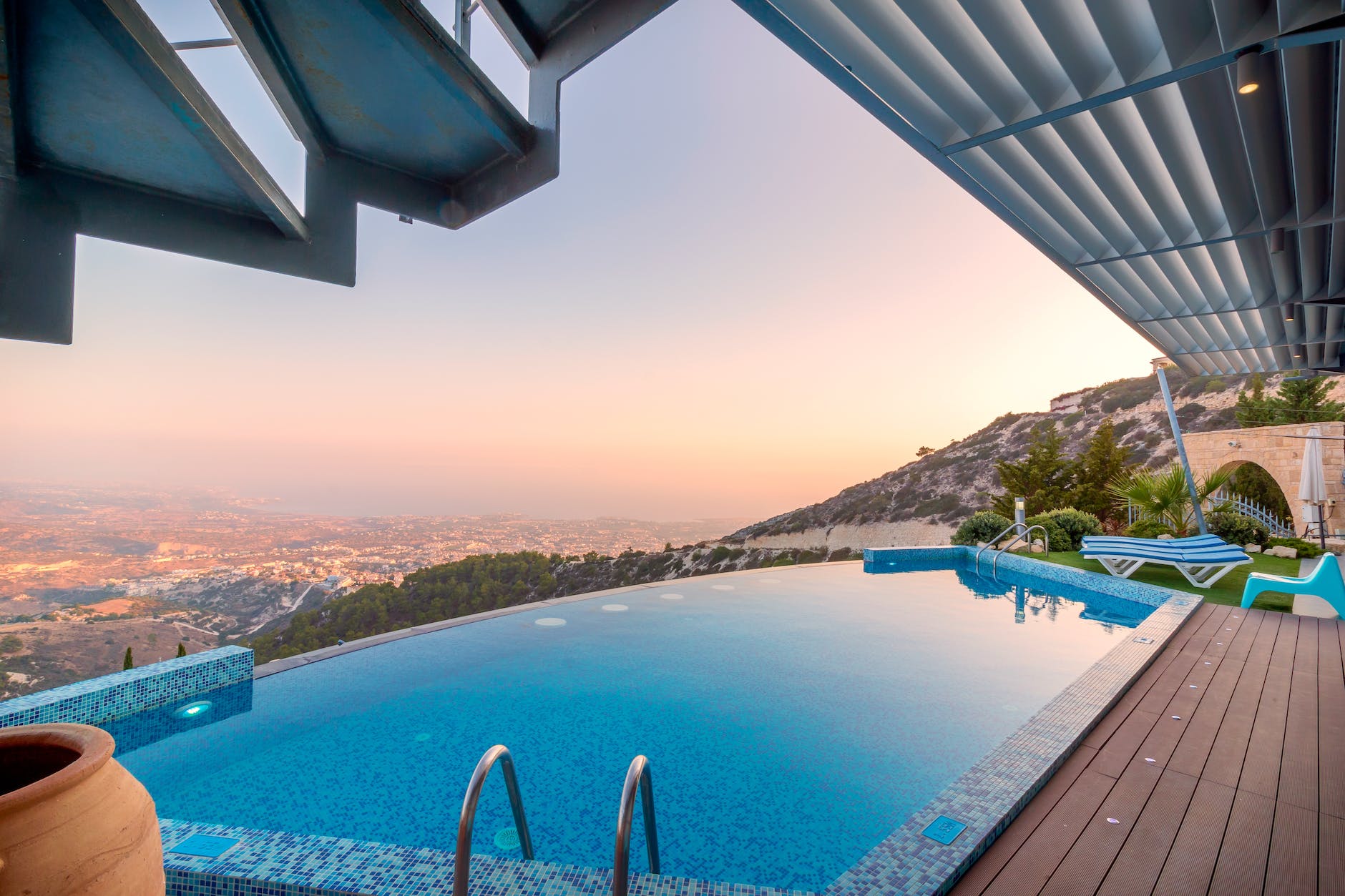Swimming pool services SEO with scenic mountain view backdrop.