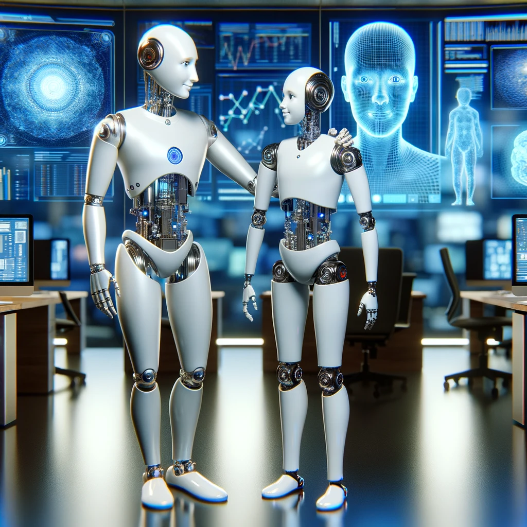 Two humanoid robots representing Google welcoming AI to the content creation party.