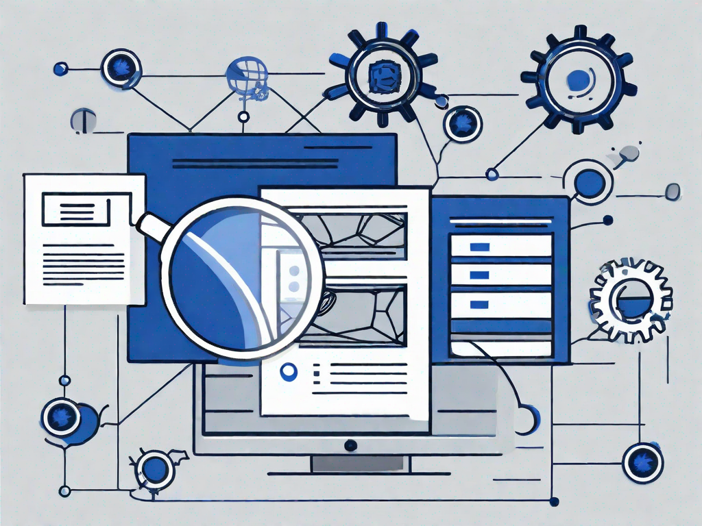 Onpage SEO Guide Illustration: Magnifying Glass on Computer Screen Explaining Internal Linking