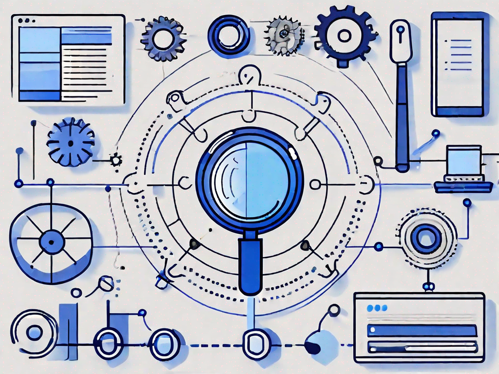 Blue illustration depicting On-Page SEO terminology with magnifying glass and gears.