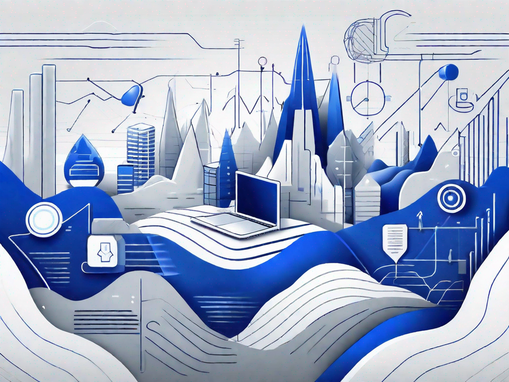 2024 illustration of essential business blogging featuring a laptop over a blue city.