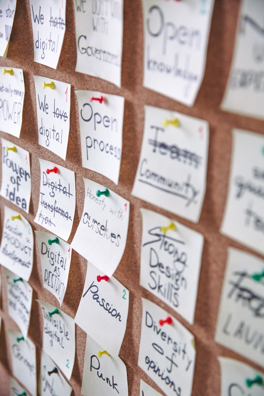 Pest control business blog post ideas on Post-it notes on a bulletin board.