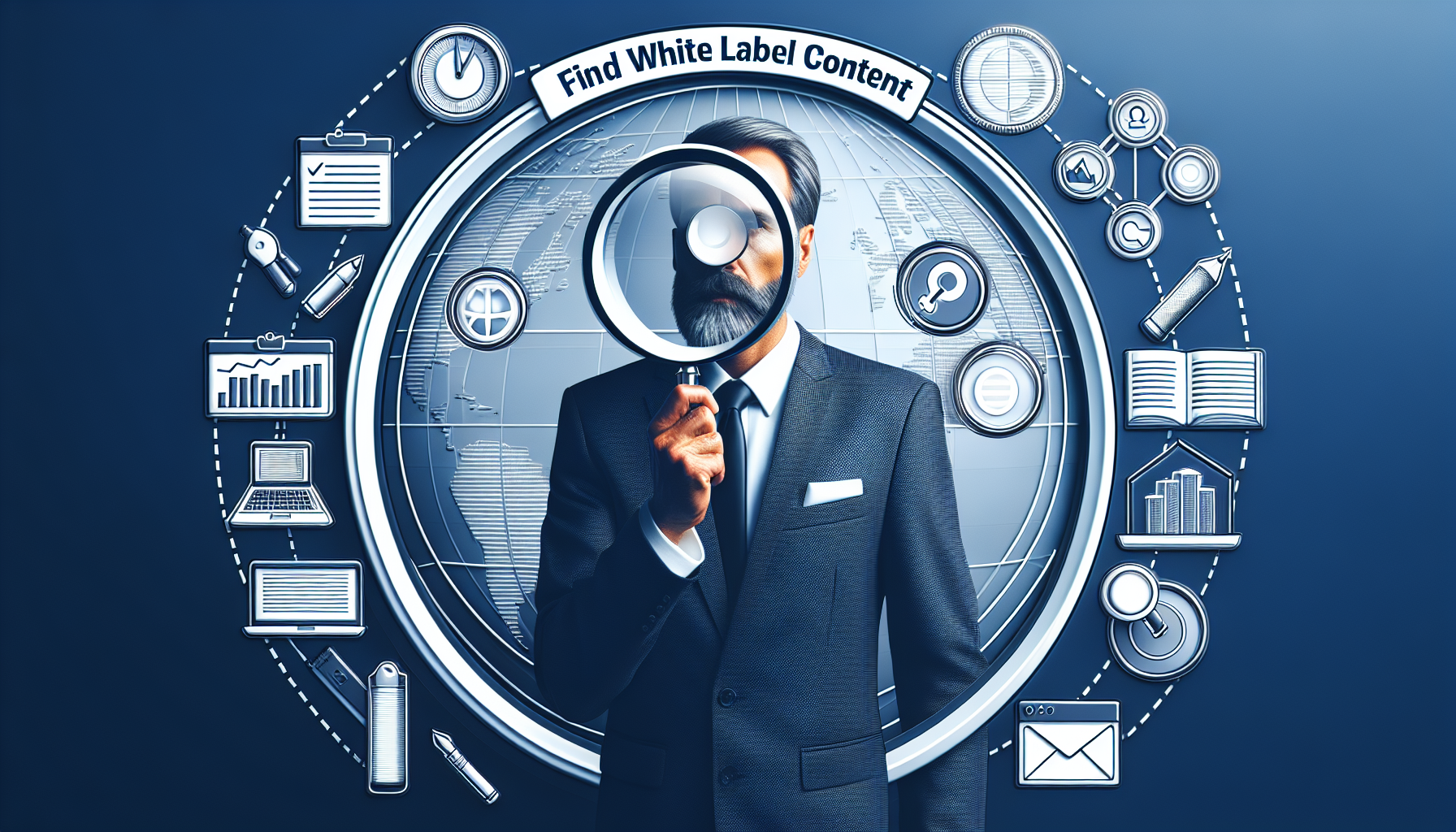 Marketer seeking white label content with magnifying glass.